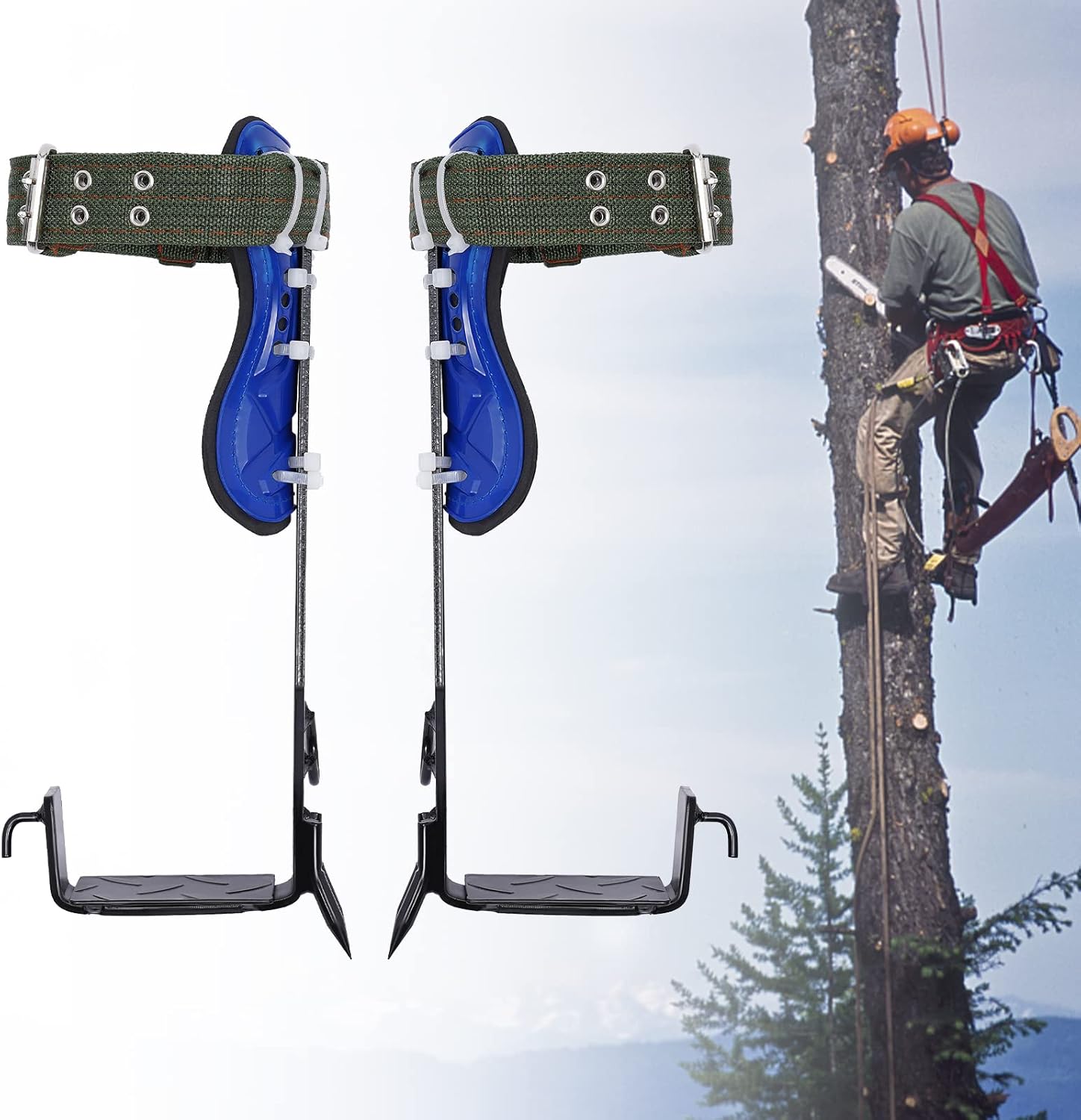 Tree Climbing Spikes, Upthehill Non-Slip Tree Climbing Spurs Tree Gaffs Pads Spur Gear Climbing Steps Spurs Tool with Safety Belt Straps Adjustable Lanyard Rope Carabiner for High-Altitude Logging