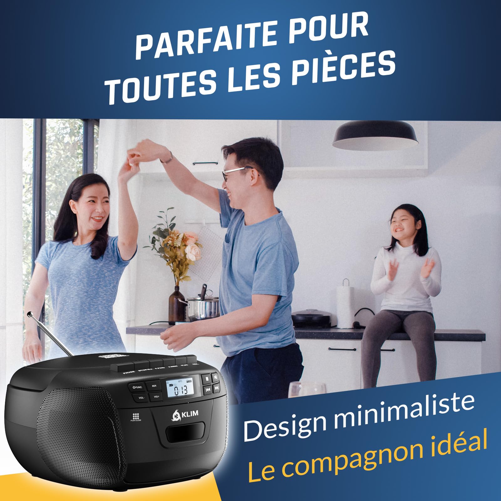 KLIM Lecteur CD Bluetooth Cassette Radio AM/FM Stéréo avec Télécommande Enregistrement USB AUX