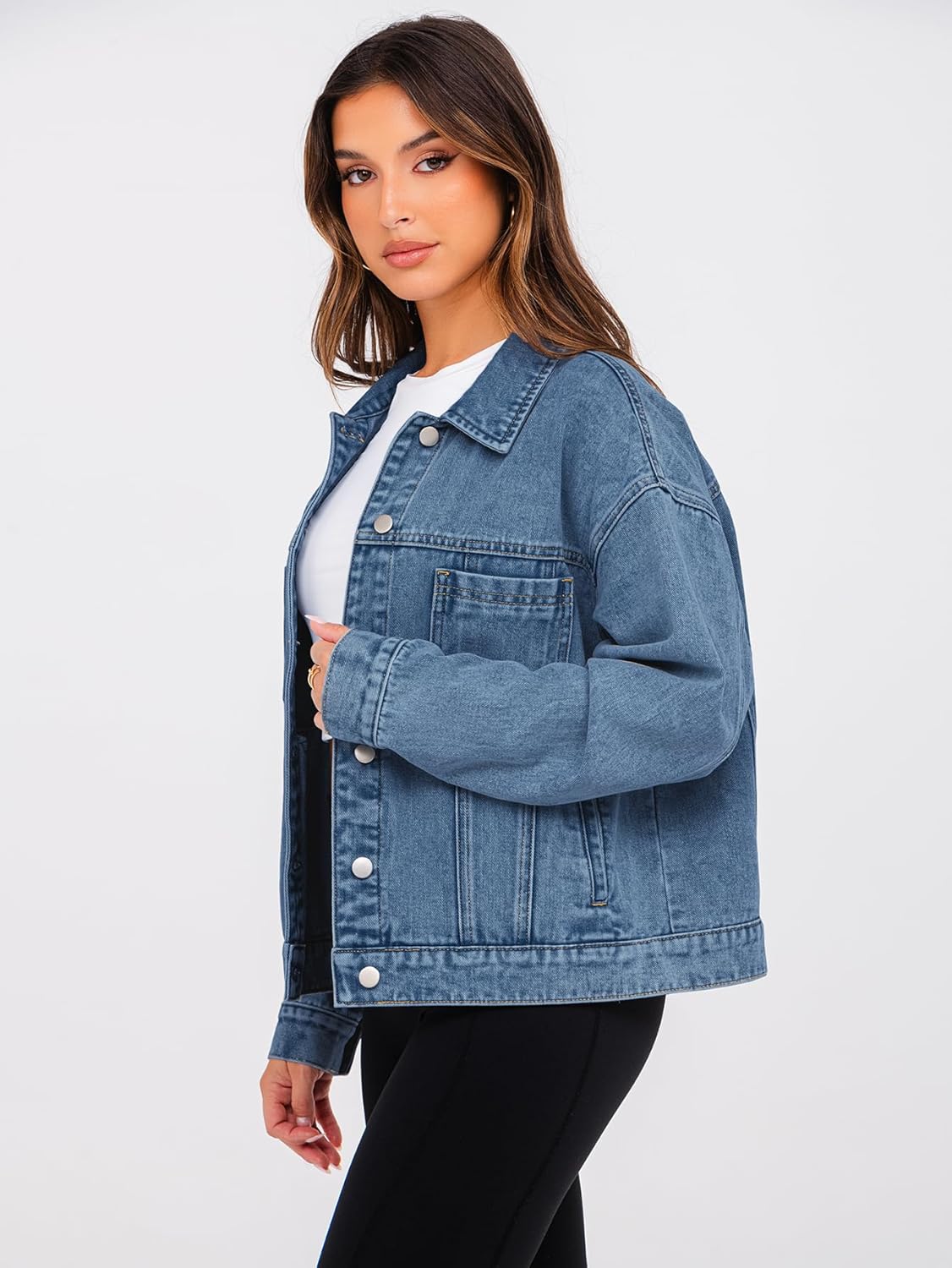 Glamaker Womens Oversized Jean Jacket Casual Long Sleeve Button Down Denim Jacket Fall Coat - Image 3