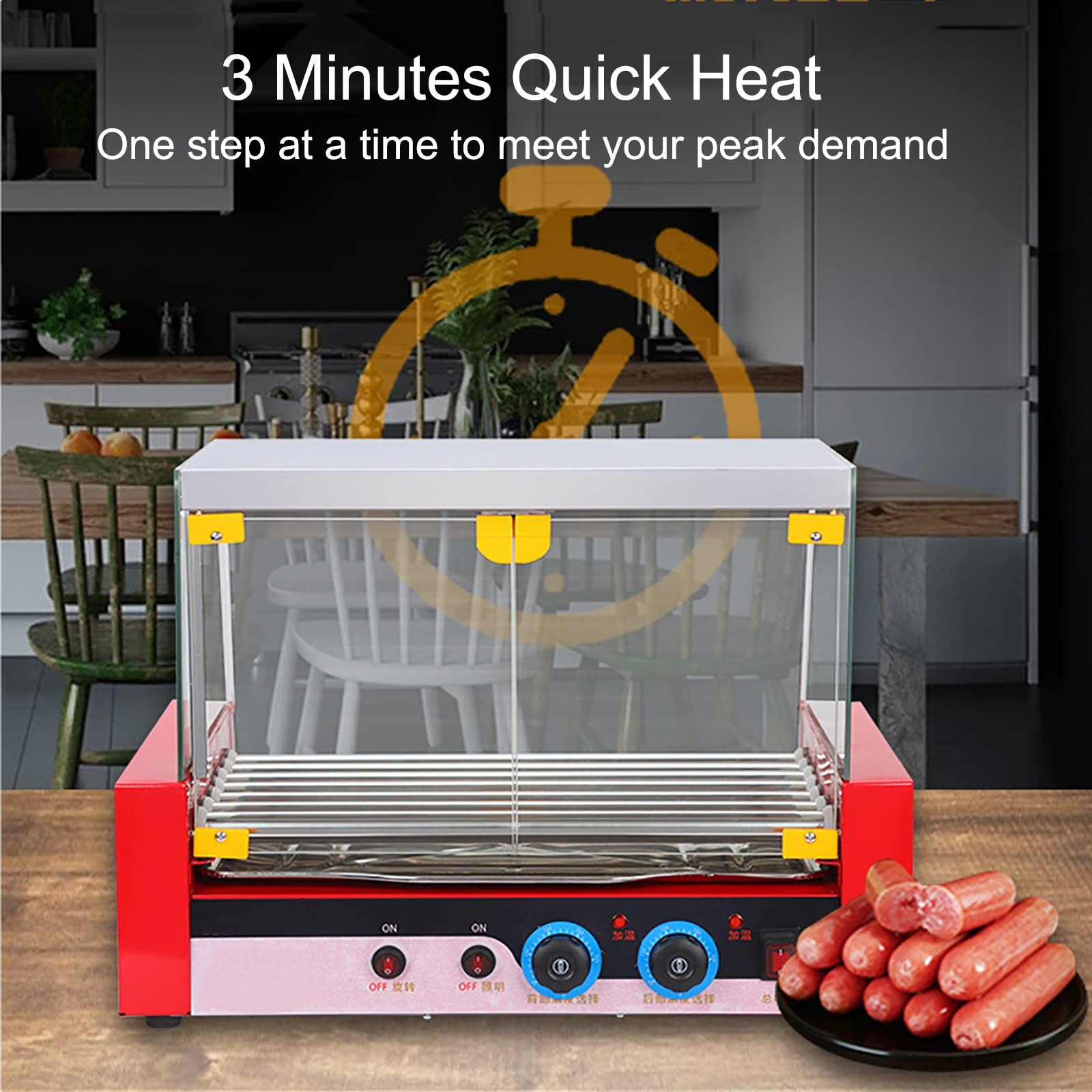 Hot Dog Roller Machine, Sausage Grill Cooker Machine 24 Hot Dog 7 Roller Grill Cooker Machine con bandeja de goteo de acero inoxidable extraíble y cubierta de campana de vidrio, luces LED, 1080W (Si