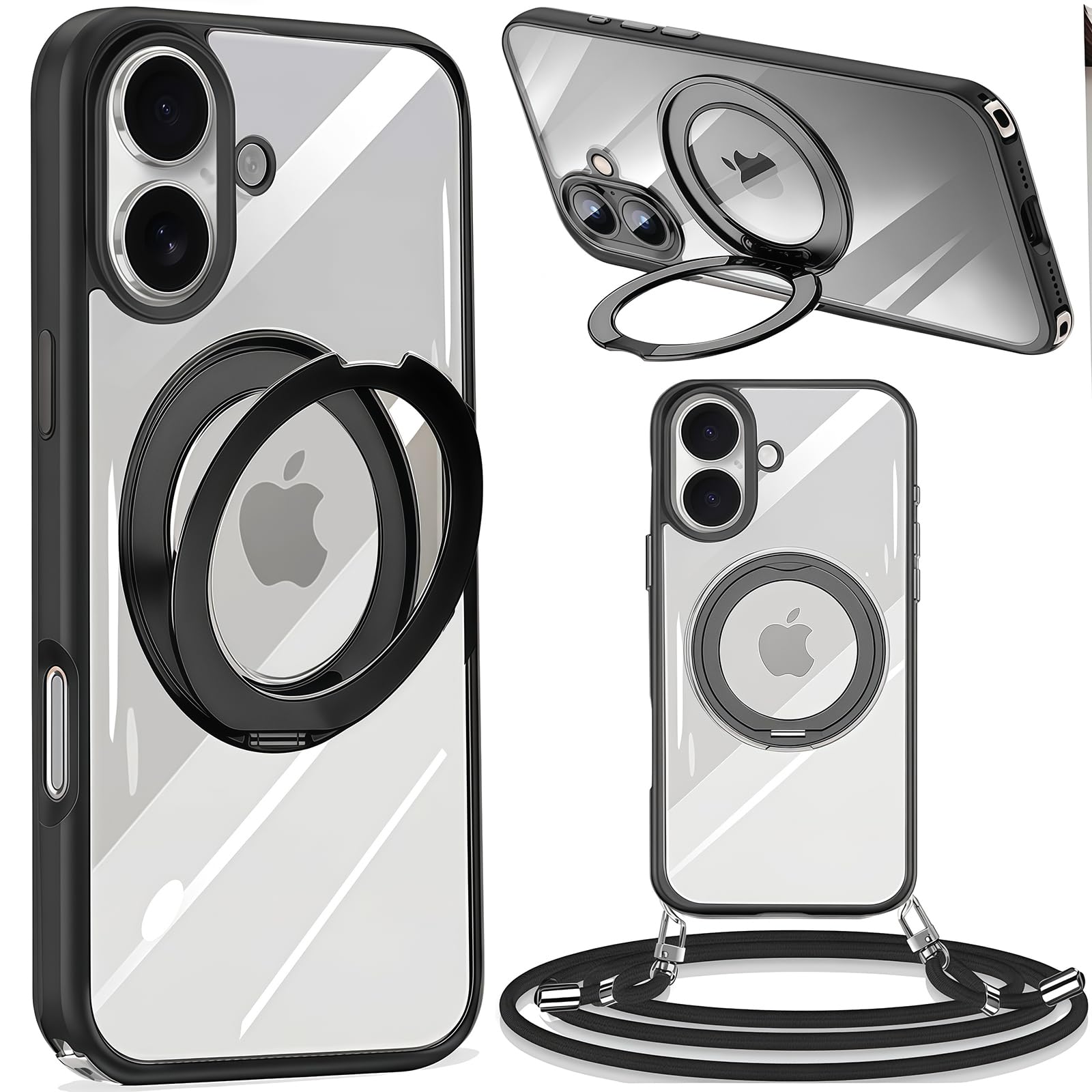Yuzuhero iPhone 17用 ケース アイフォン17（ケースストラップ付き 長さ調節可能な ショルダー 肩がけ 首掛け 紐付き 斜めがけ スマホケース いphone17用ケース 黄変防止 magsafe対応 360°回転スタンド 縦横両対応 リング マグネット搭載 [耐衝撃 傷防止 レンズ保護 米軍MIL規格 防指紋]ワイヤレス充電対応 アイホン17カバー<ブラック>