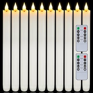 Homemory 12 Pcs Waxy Flameless Taper Candles with Remote, Flickering Battery Operated, LED Flameless Candlesticks, Classic Tall Taper Candles for Home, Wedding, Party, White, 9.6 inches