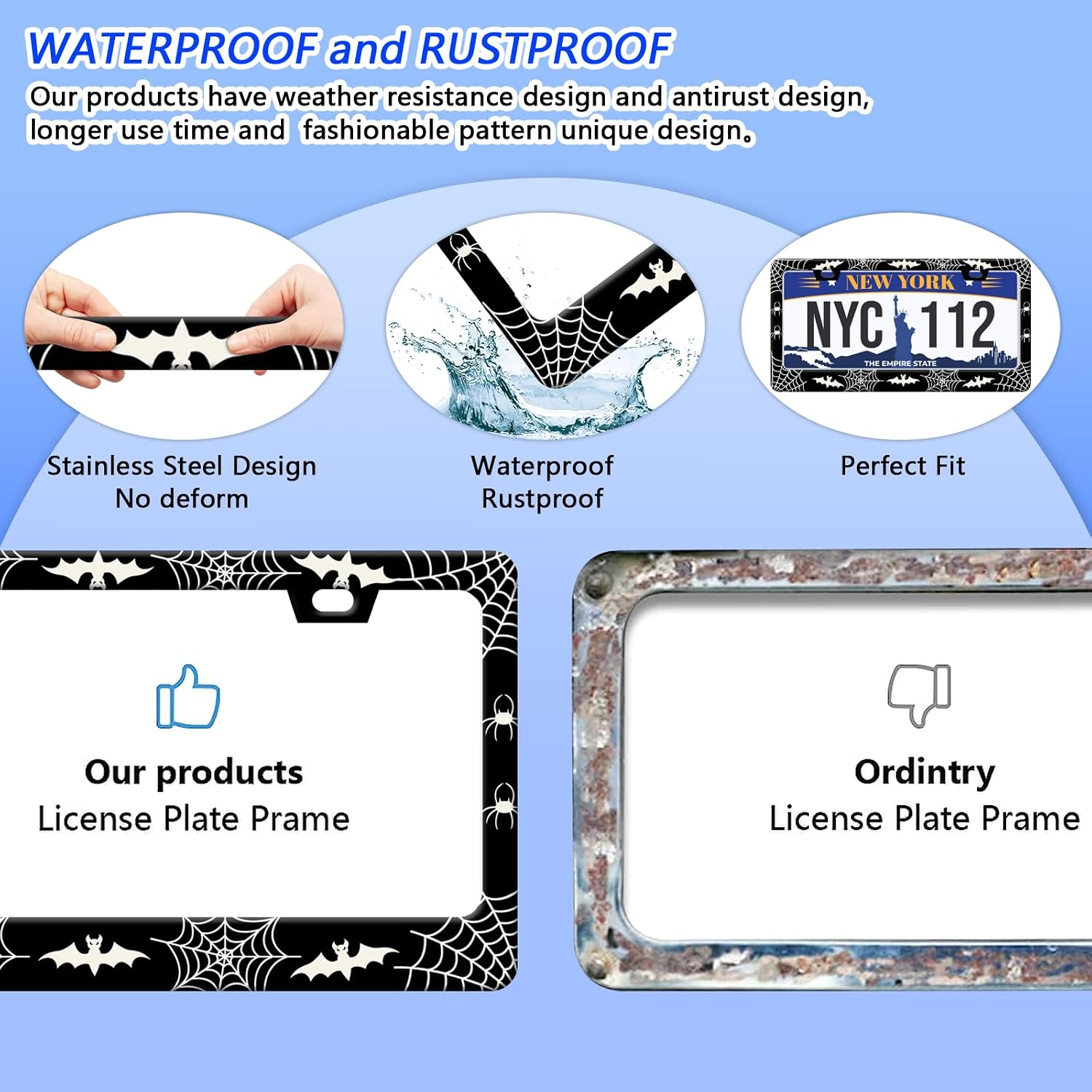 Bat Spider Web License Plate Frame,Halloween Background License Plate Frame Decorative Rust-Proof Waterproof Stainless Steel 2 Hole License Plate Holder for Men Women 12x6 Inches image 5