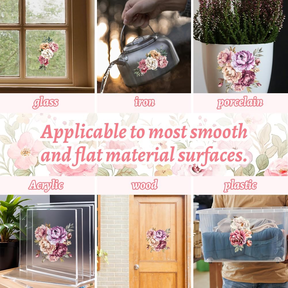 Peacoblue Rub on Floral Transfer Decals for Furniture Crafts 6"x12", 3Pcs Waterproof UV Transfer Decals Sticker for Dresser, Glass, Porcelain, Paper, Wood, Decor(Vintage Flowers)
