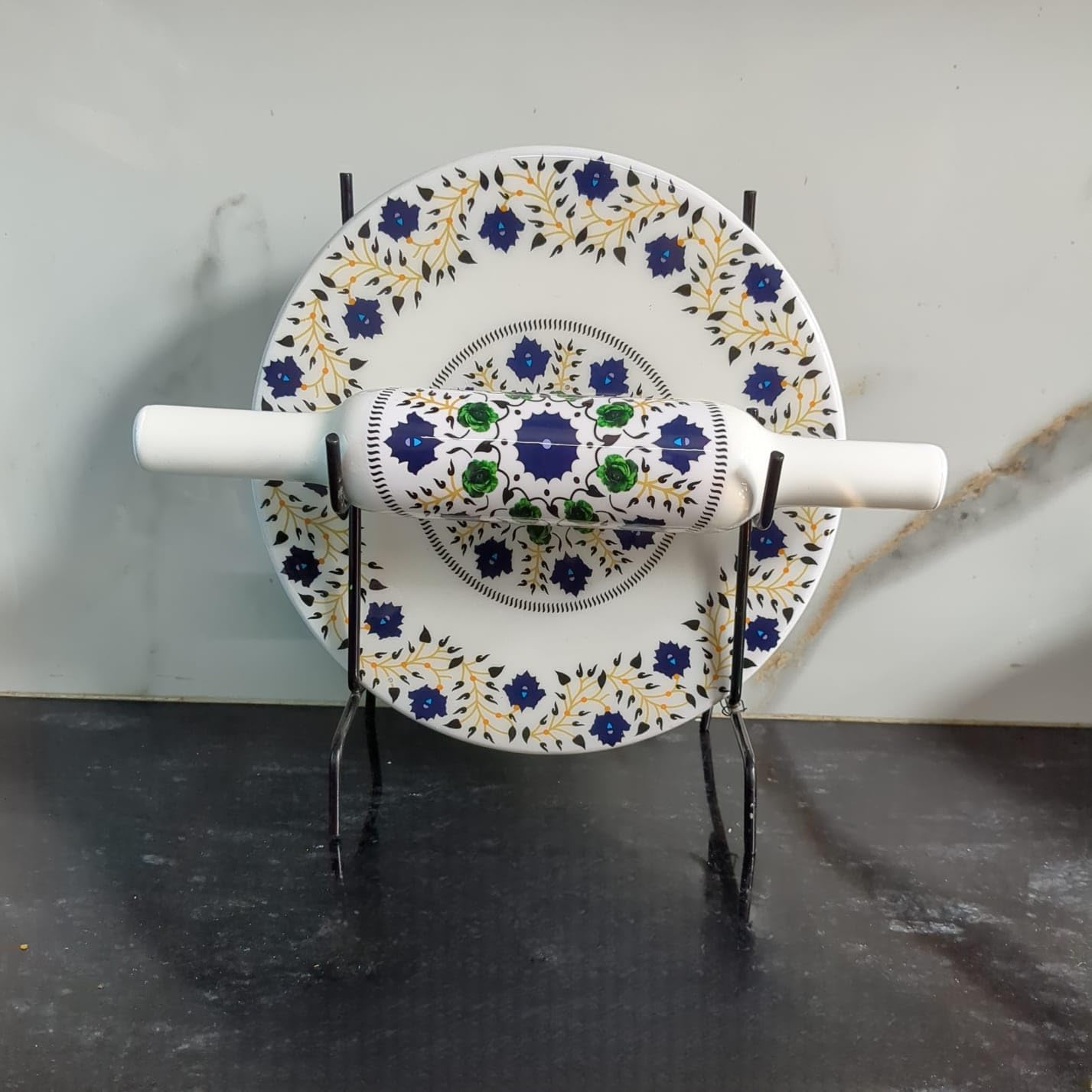 Marble Roti Maker with Wooden Belan Enamel Print/White Marble Chakla 10 Inch Diameter with Belan (Printed Enamel Chakla Belan) (Blue Yellow)-image-43