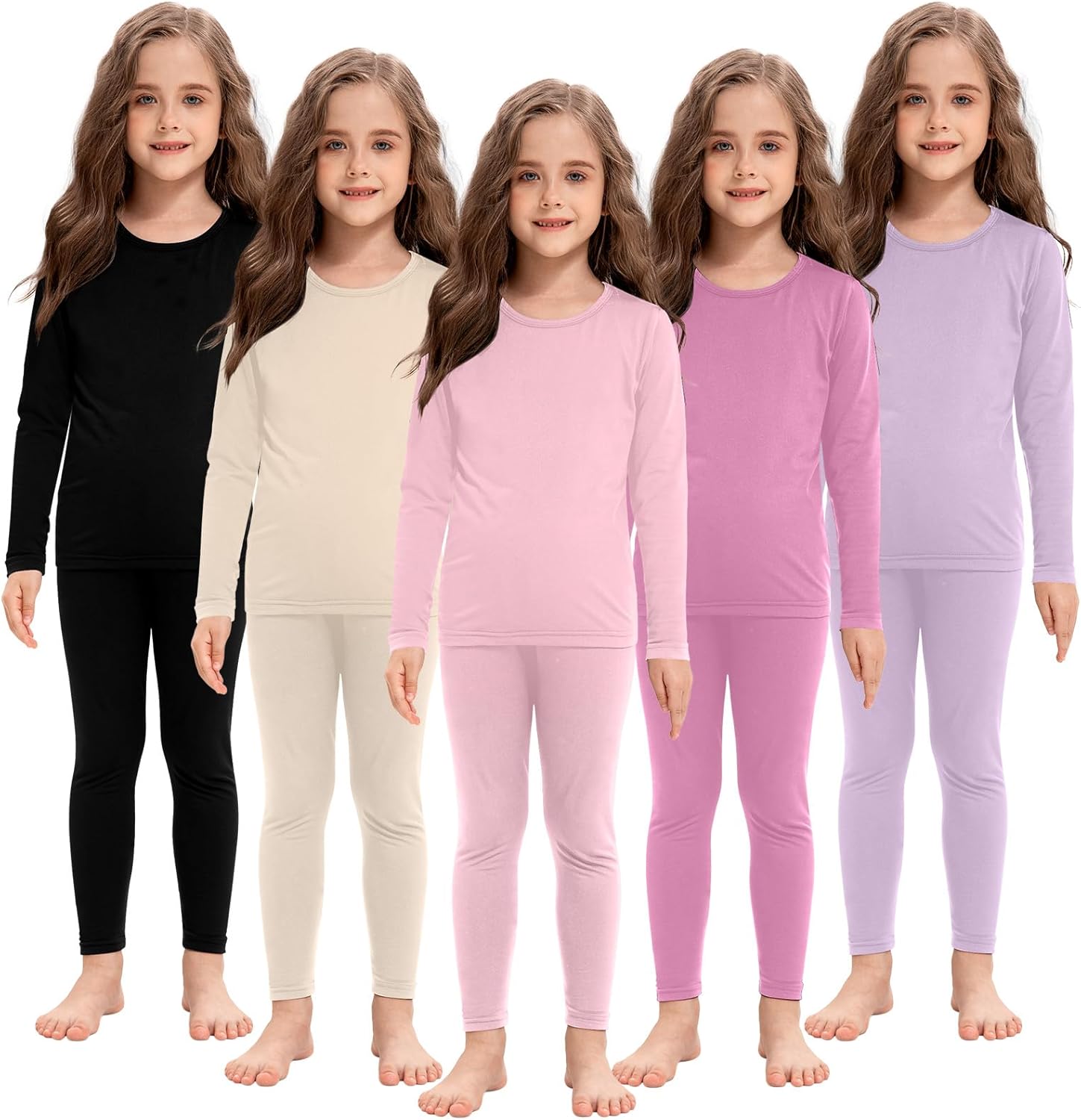 Silkfly 5 Set Girls Thermal Underwear Set Fleece Lined Long Winter Underwear Kids Base Layer Thermal Top Bottom Warm