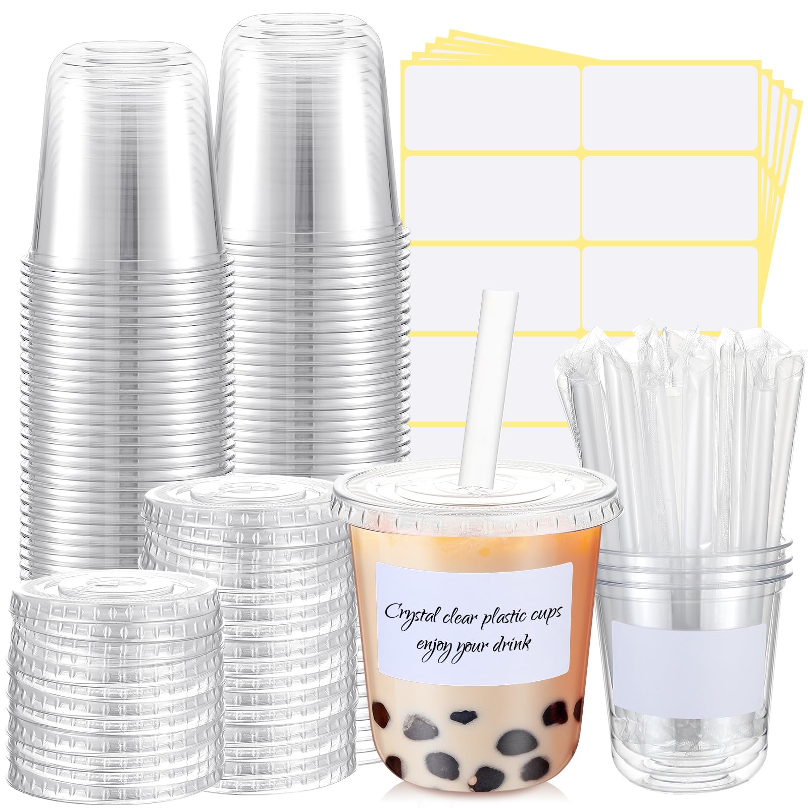 Ziliny 50 Sets Crystal Clear Plastic Cups with Lids, Straws and Stickers, Disposable Iced Coffee Cups Thickened PET for Iced Coffee, Bubble BobaTea,