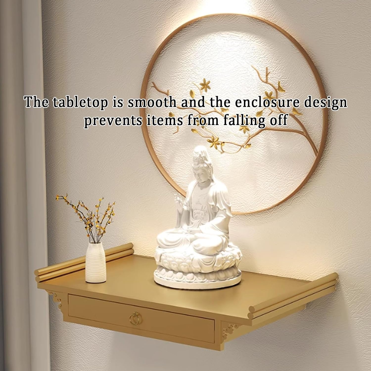 Wall-Mounted Buddha Statue Stand Offering Table Metal Personal Shrine Altar Table Buddhist Statue Sculpture Display Stand Prayer Table with Retractable Shelf.(Bronze,60X38CM/23.6X15IN)