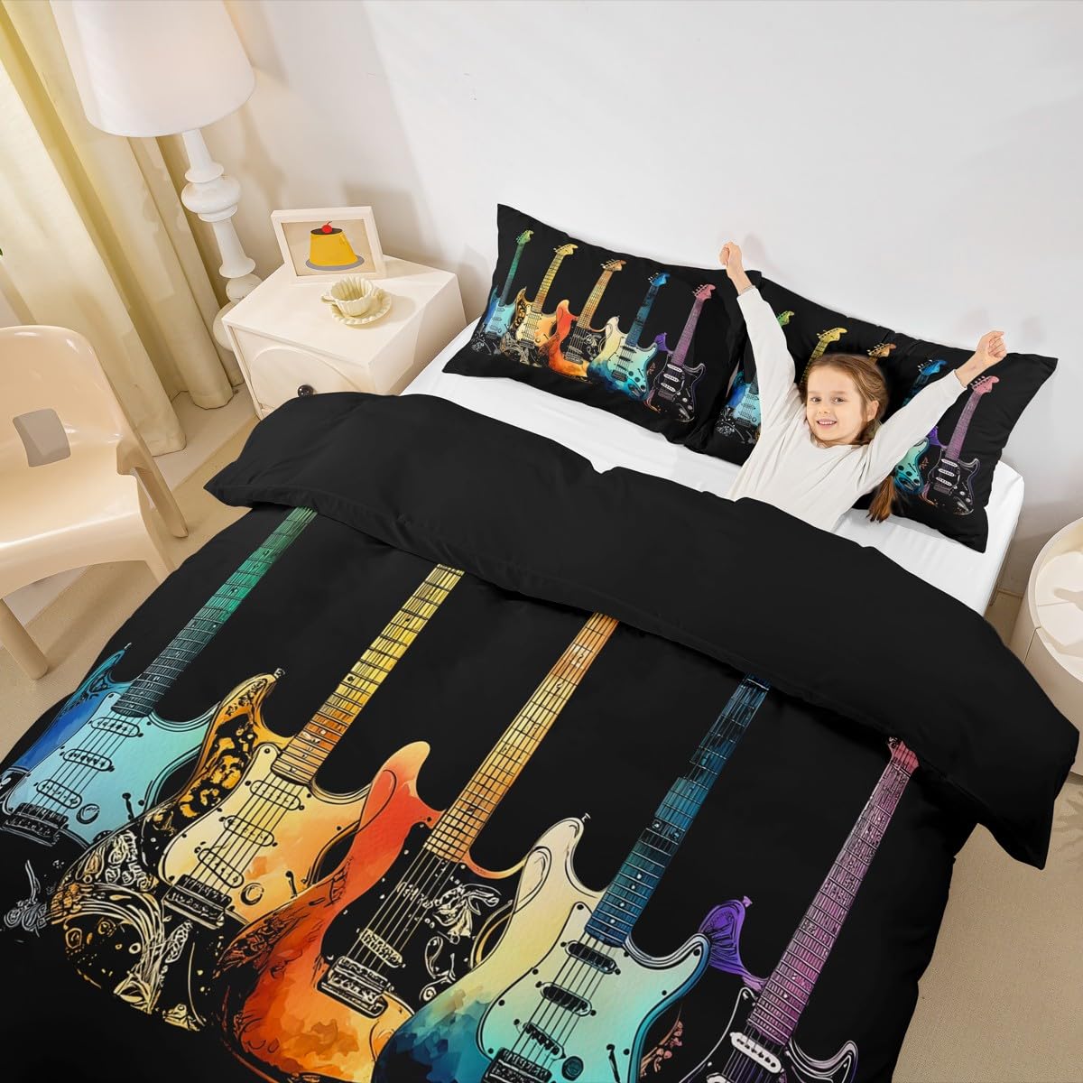 Set di biancheria da letto super king size con stampa di chitarra, set copripiumino colorato a tema musica rock, per appassionati di musica, per bambini e ragazzi, stile hip hop, a righe, con 2 federe