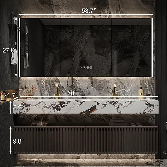 60 Modern Double Sink Bathroom Vanity - Smart LED Defog Mirror Cabinet with Time Display, Ceramic Sink, Waterproof Multi-Layer Solid Wood, Floating, Fully Pre-Assembled, Ample Storage