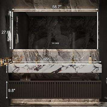 60 Modern Double Sink Bathroom Vanity - Smart LED Defog Mirror Cabinet with Time Display, Ceramic Sink, Waterproof Multi-Layer Solid Wood, Floating, Fully Pre-Assembled, Ample Storage