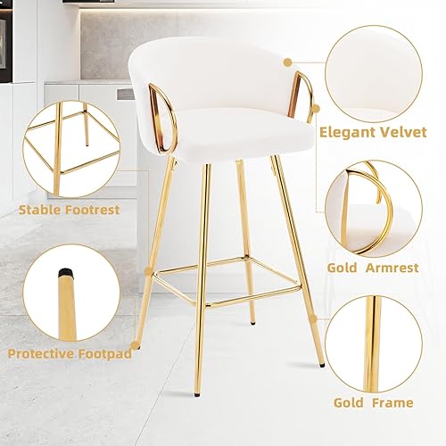 Miniatura 5 de Juego de 2 taburetes de bar de 26 pulgadas, taburetes de bar de altura de mostrador con respaldo tapizado de terciopelo con patas doradas, taburete