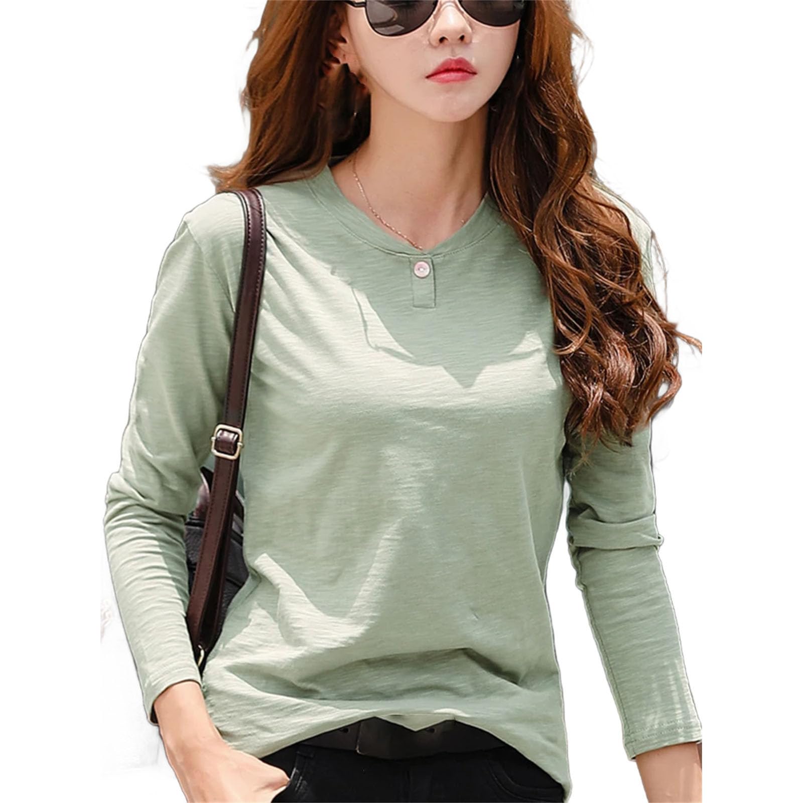 T-shirt da donna a maniche lunghe in cotone con bottoni verde scollo a V T-shirt tinta unita morbida top allentato