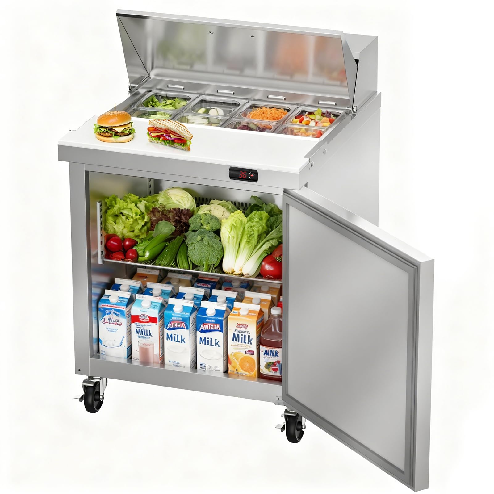Photo 1 of *** MAJOR DAMAGE***Bluelinecool 60" W Commercial Refrigerator Sandwich Salad Prep Table, Stainless Steel 2-Door Sandwich Prep Table Refrigerator, Counter Fan Cooling Refrigerator with 16 Pans for Restaurant, Bar