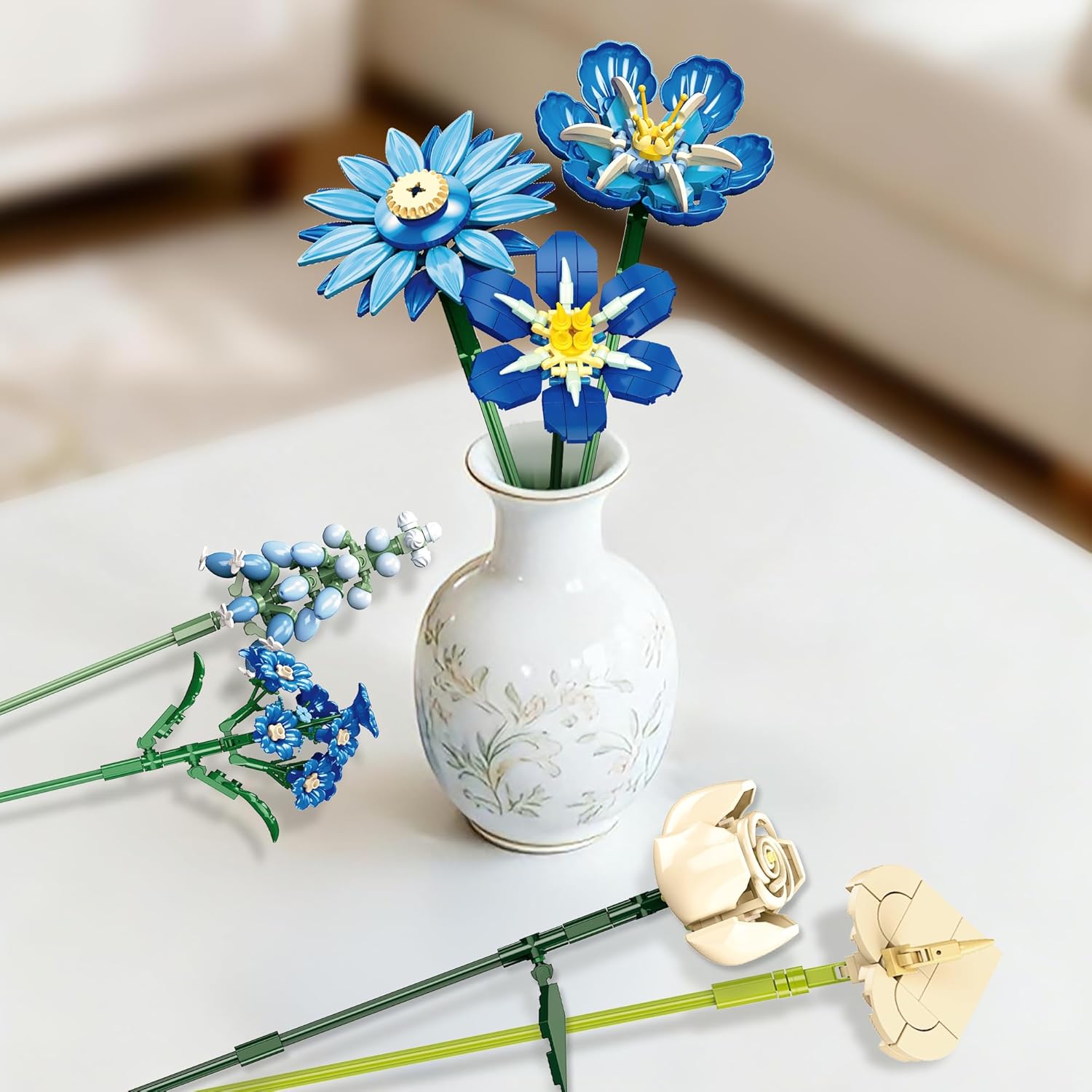 Blue Flower Bouquet Building Set, Gift for Her/Mom/Girlfriend/Wife/Couple, Roses Tulips Daisies Gladiolus and More, Artificial Flower Arrangement, Home Room Office Table Decor