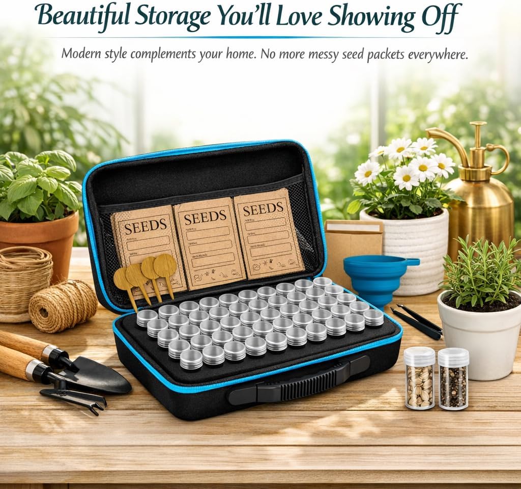 Seed Storage Organizer Box with 120 Containers, Zipper Bag, Seed Envelopes, Labels, Funnels & Tweezers – Seed Saver Storage Kit for Gardeners
