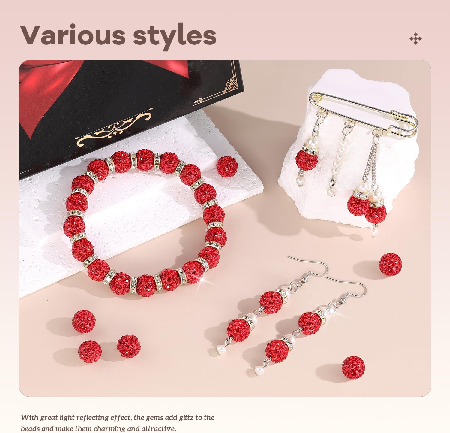 105pcs 10mm Rhinestone Beads for Jewelry Making, Red Shiny Round Disco Ball Beads Bulk, Sparkle Crystal Clay Christmas for Bracelet Baseball Necklace Earring Crafting and DIY - Image 2