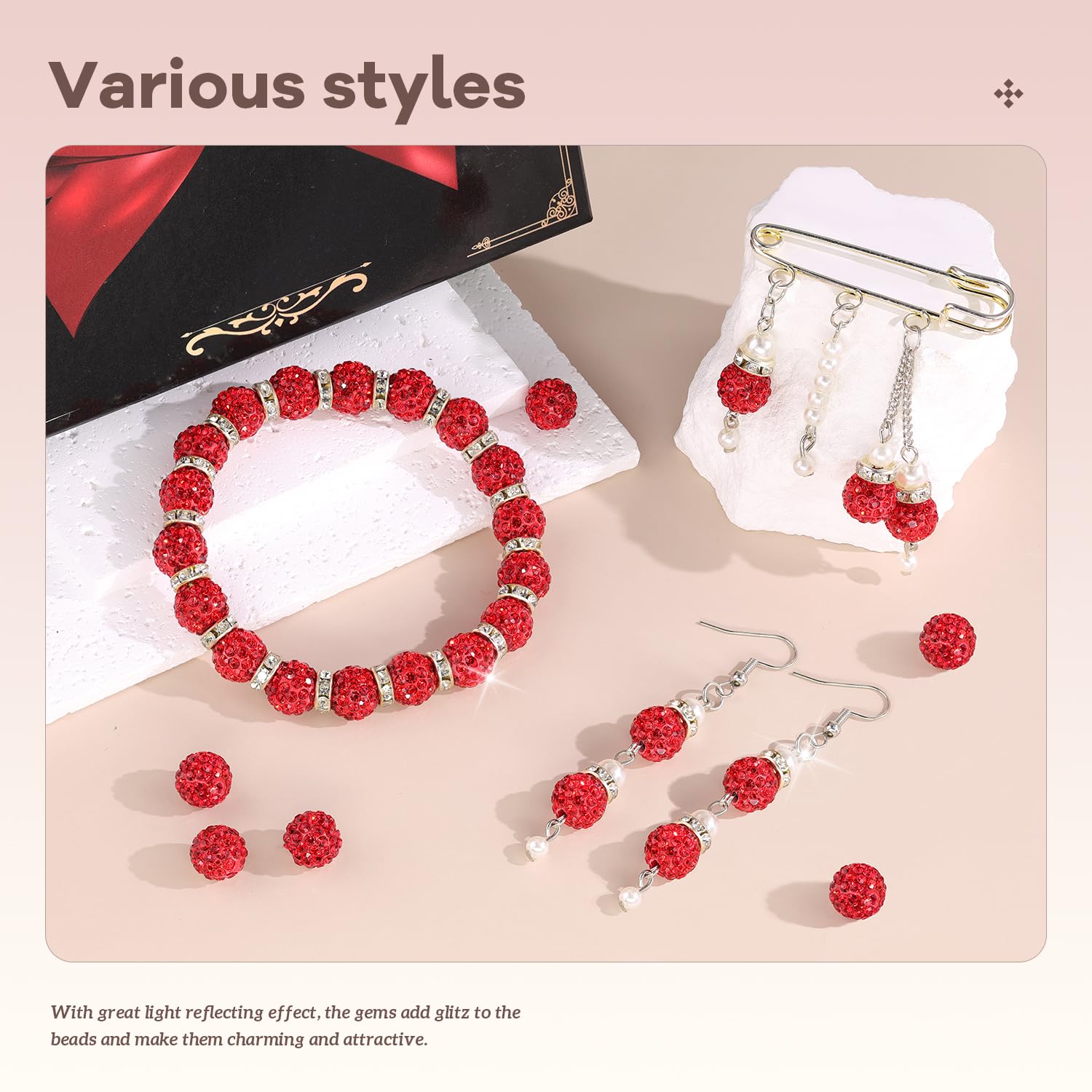105pcs 10mm Rhinestone Beads for Jewelry Making, Red Shiny Round Disco Ball Beads Bulk, Sparkle Crystal Clay Christmas for Bracelet Baseball Necklace Earring Crafting and DIY