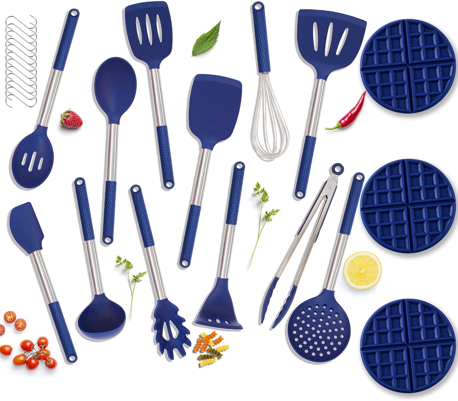 Silicone Kitchen Utensils Set & Kitchen Trivets - 15 Pieces - Blue