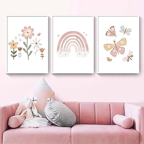 Miniatura 6 de Lienzo bohemio rosa para cuarto de bebé, arte de pared para habitación de niños, decoración de pared, diseño de flores de mariposa para niños,