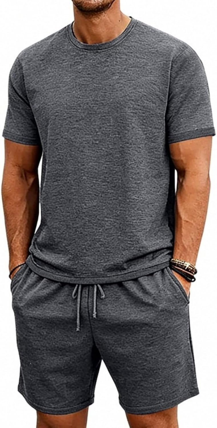 Mens 2 Piece Summer Outfit Set Casual Short Sleeve T-shirts Drawstring Shorts Loose Breathable Fit Vacation Wear