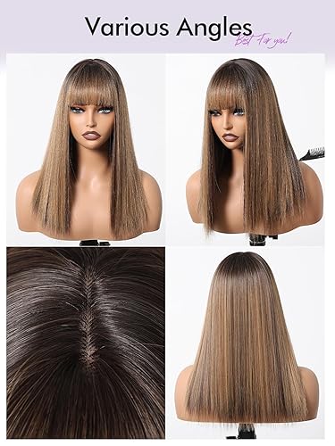 Miniatura 5 de Allbell Peluca de reflejos rubios mezclados con marrón para mujeres negras, pelucas rectas con flequillo con raíces oscuras para uso diario
