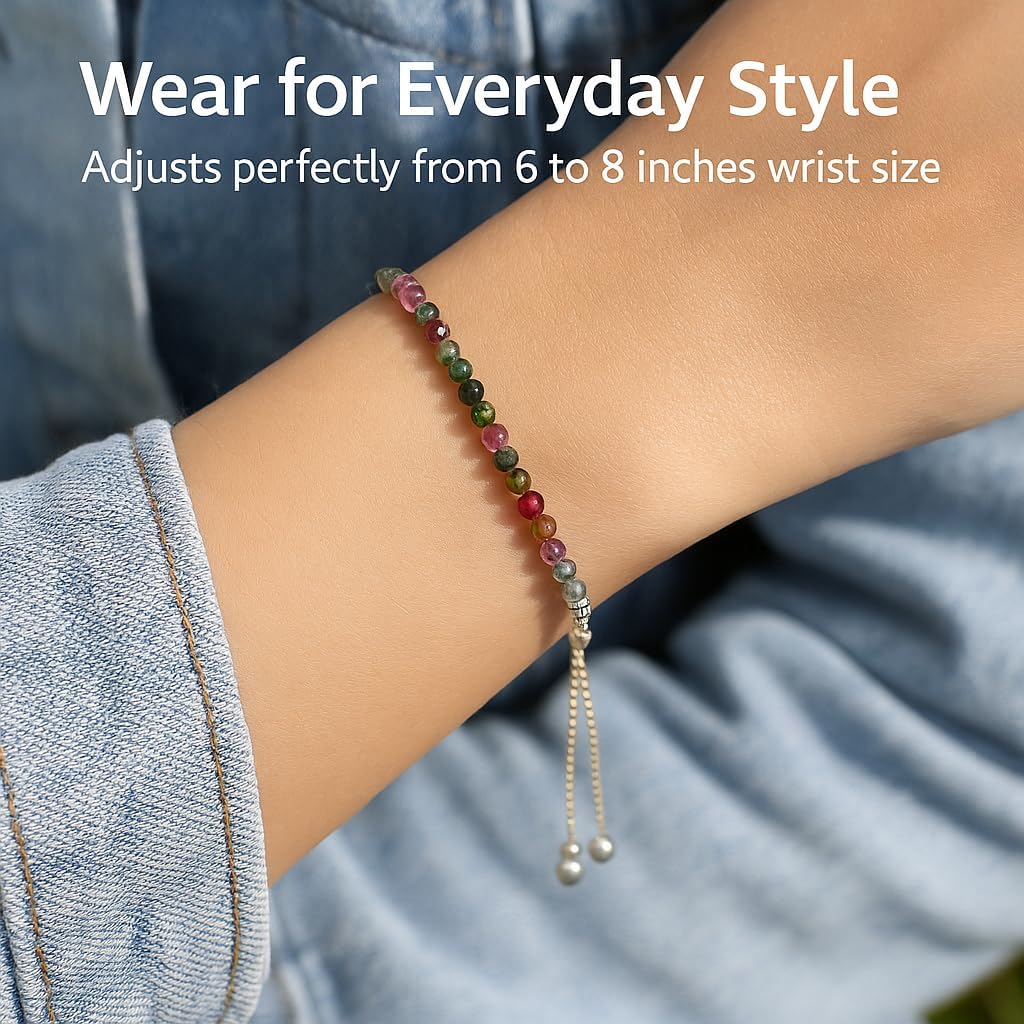 Natural Gemstone Beaded Bracelet, Bolo Bracelet, Pull Bracelet for Women, Lightweight Jewelry, Everyday Wear, Gift for Mom, 925 Silver Slider Chain Adjustable up to 8 Inches - Image 3