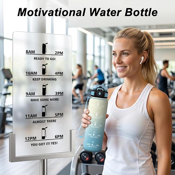 Borraccia 1L, Borraccia Riutilizzabile, da Palestra con Indicatore del Tempo, con Cannuccia, senza BPA, A Prova di Perdite, per Campeggio, Ufficio - 4