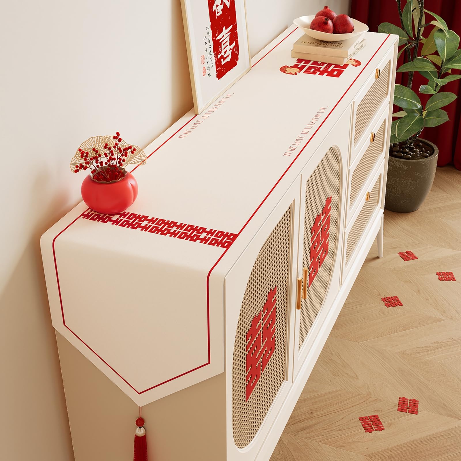 Bieżnik poliestrowy lniany, nowoczesny zmywalny bieżnik prosty chiński styl ślubny wzór z pomponami na stoły imprezowe jadalnia deco, beżowy biały czerwony, 30x400 cm