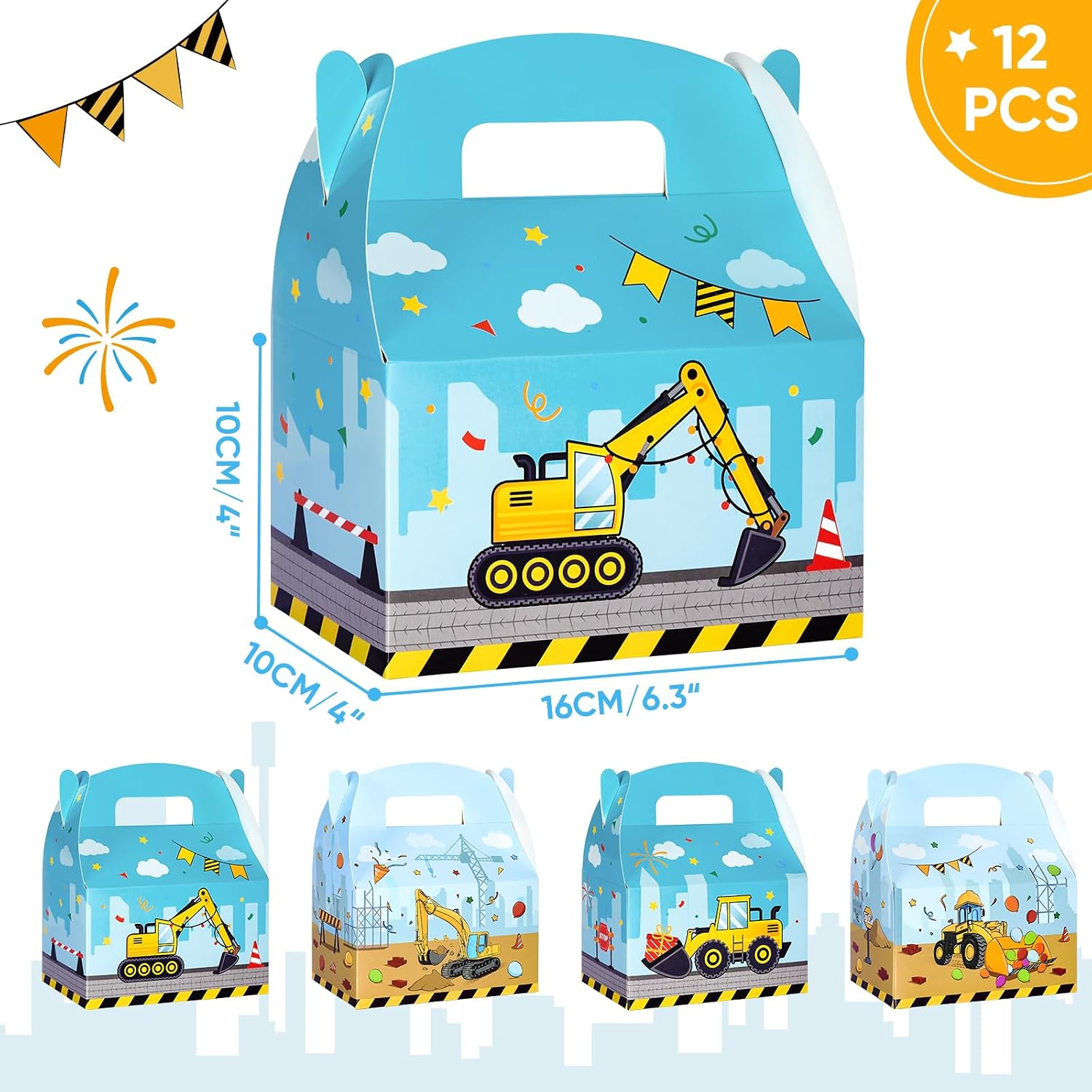 WERNNSAI 12 Pack Construction Party Boxes - Construction Birthday Supplies Truck Gifts Box for Kids Yellow Blue Truck Candy Bags Tractor Party Favor for Boys Holiday Baby Shower Decor