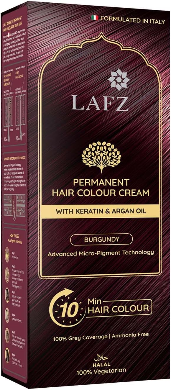 Lafz Burgandy 10 min Halal hair color, 100% Grey Coverage, No Ammonia & Water Permeable, Enriched With Argan Oil & Coffee, For Long-Lasting Color And Nourishes Hair From Root To Tip,