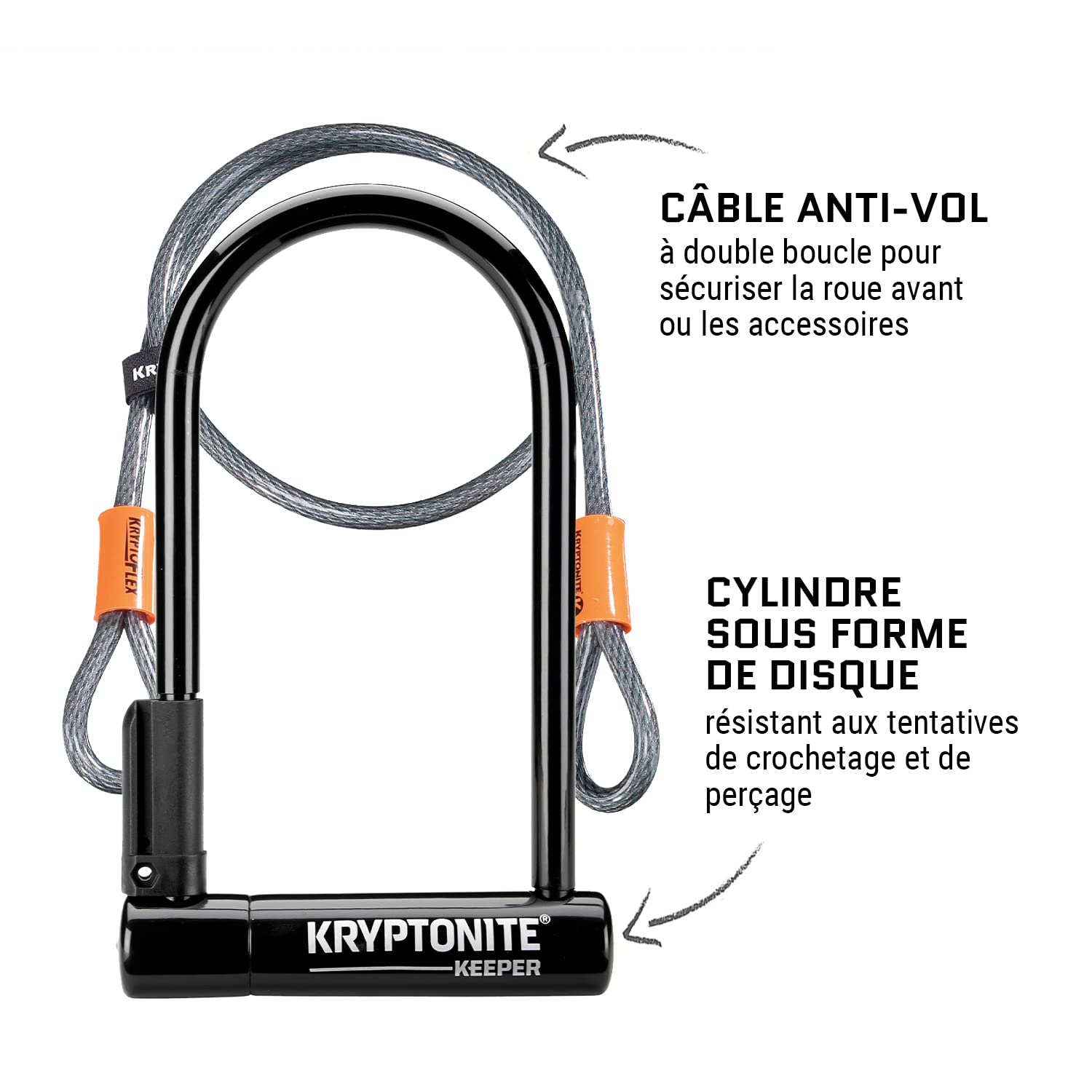 Kryptonite Keeper Standard Antivol U avec Câble flexible et Support, Anse Acier trempé 12 mm avec Revêtement Vinyle, Niveau Sécurité 5/10, pour Vélos, 1,09 kg, 10,2 x 20,3 cm