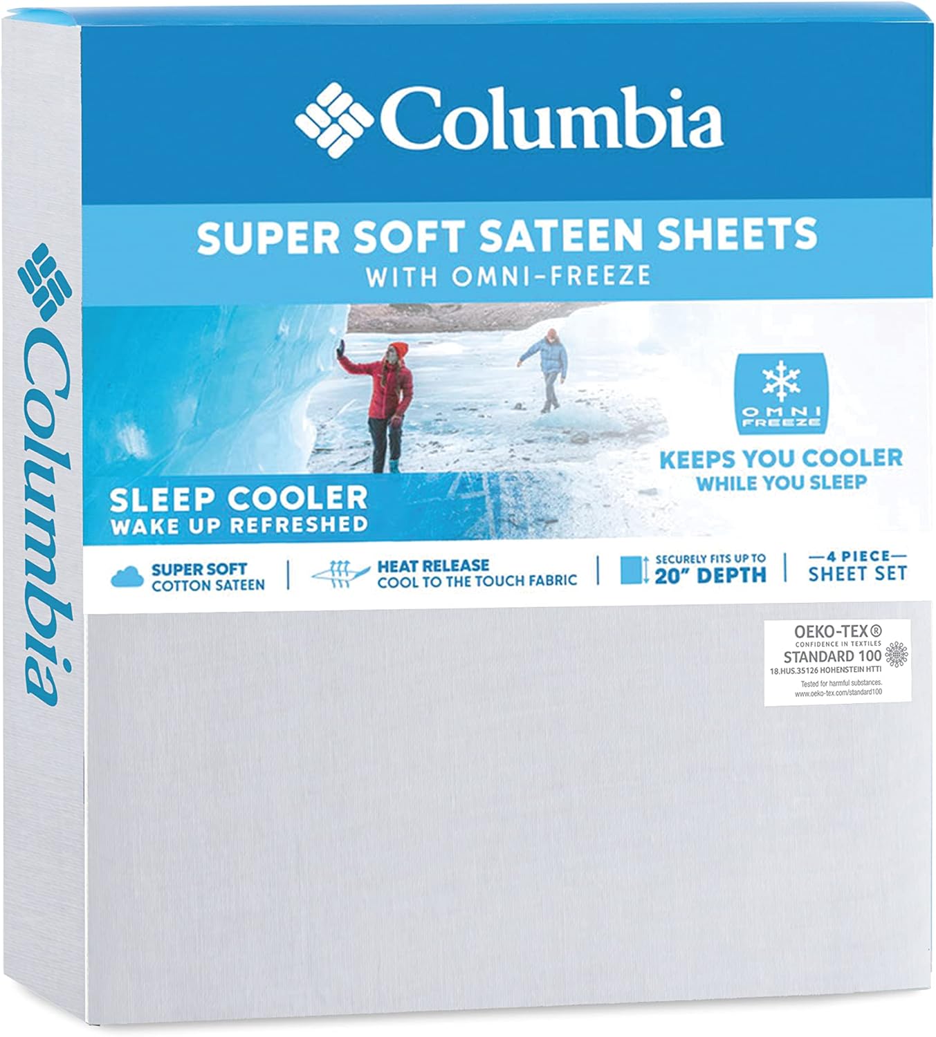 Columbia Omni Freeze Super Soft Breathable, Moisture-Wicking, Cooling Sateen Flat Sheet, Fitted Sheet, and Pillow Case Set, Luxury 4 Piece White Queen Bedsheets Set