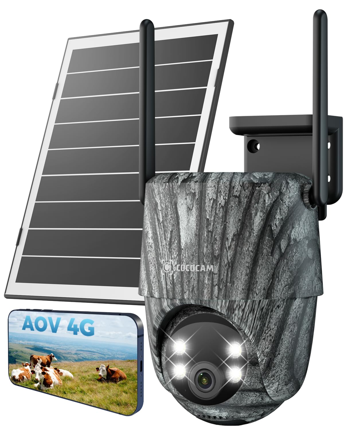 COCOCAM 24/7 AOV 4G LTE bez WiFi Kamera bezpieczeństwa | Kamera Szlakowa, AI Wykrywanie, Śledzenie, Noktowizja 30m, Bateria 15000mAh, Panel 8W, eSIM, BEZ WiFi