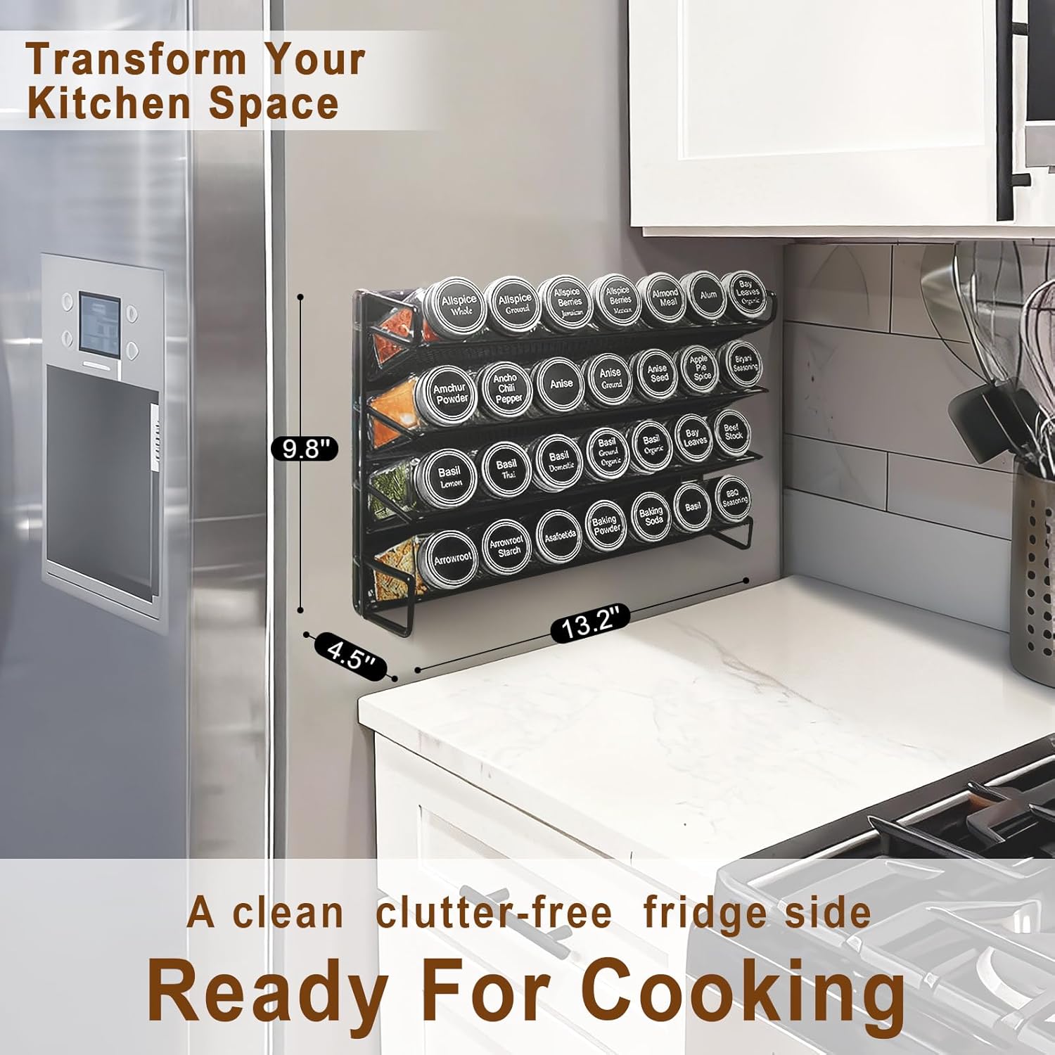 Magnetic Spice Rack Organizer for Refrigerator with 28 Spice Jars, 386 Spice Labels, 4 Hook, Chalk Marker and Funnel Set, Magnetic Shelf for Seasoning Organizer, 13.2'' W x 9.8 H, Black - Image 3