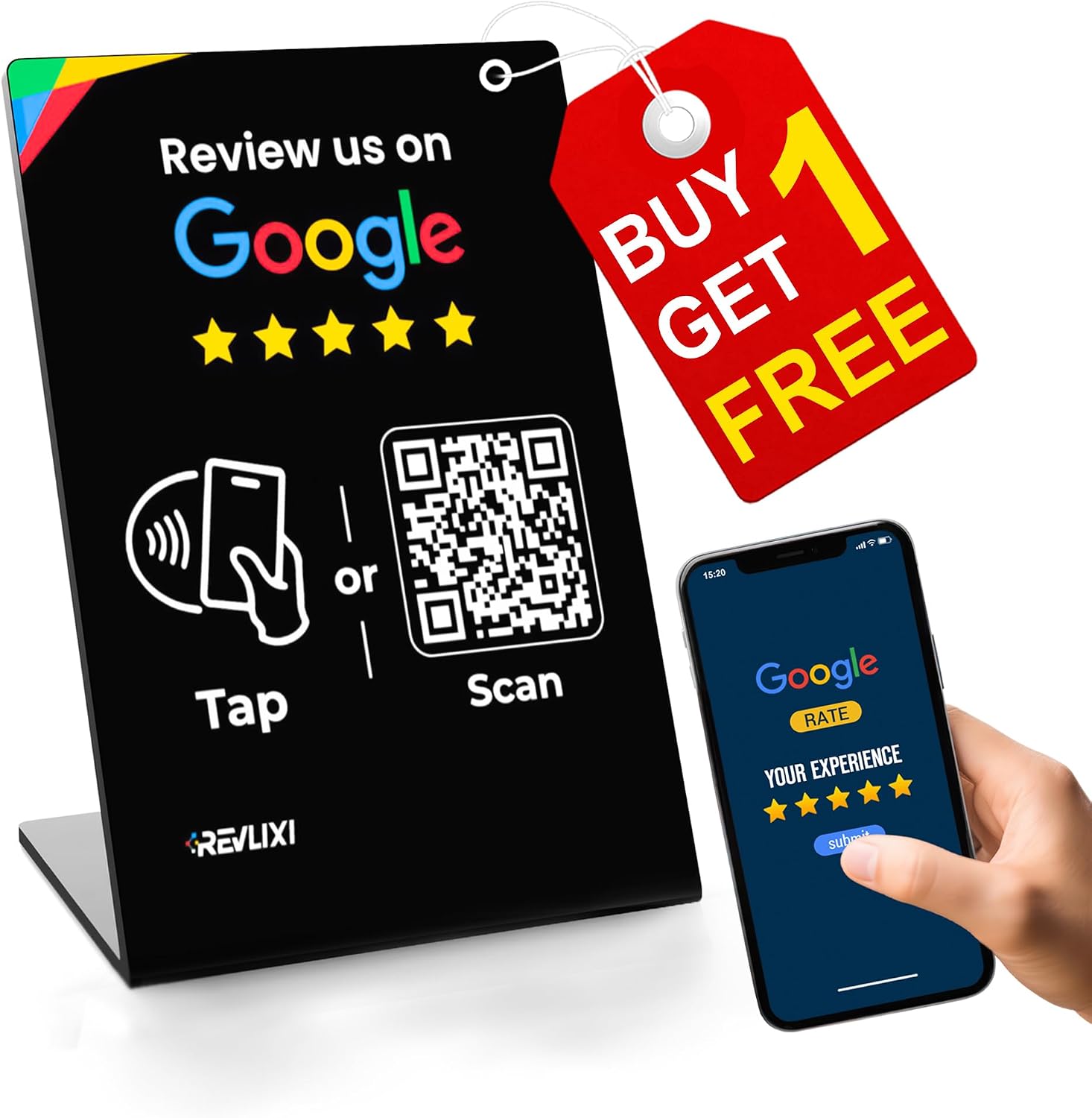 Google Review Stand – Boost Reviews w/Reusable Google Review Tap Card Stand & QR Code Stand- Smart Phone & iPhone Compatible – Boost Google Reviews for Online Growth – Acrylic (Black)