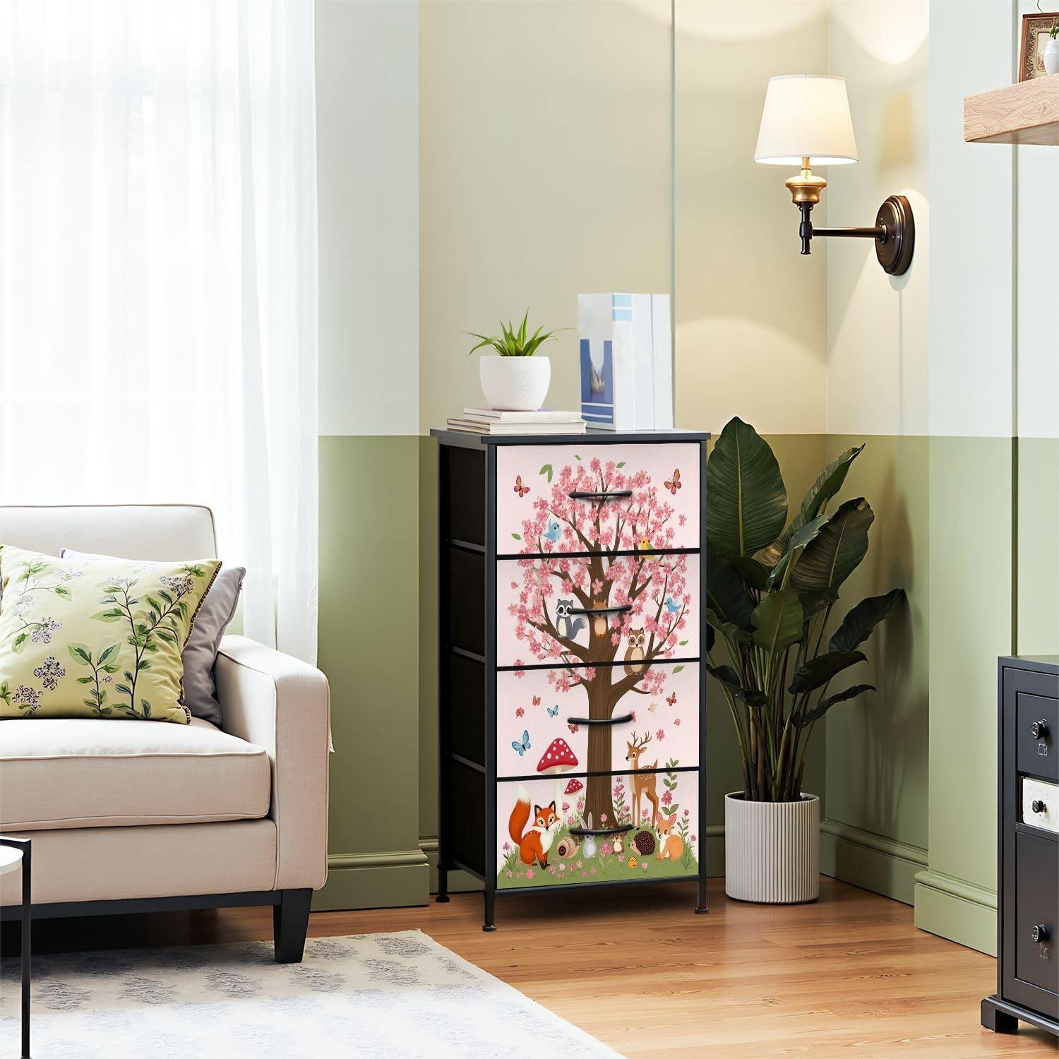 Dresser for Bedroom Dresser for Closet Woodland Animals Large Flower Tree Cherry Blossom Deer Nursery Dressers & Chests of Drawers Fabric Closet Organizers and Storage with 4 Drawers