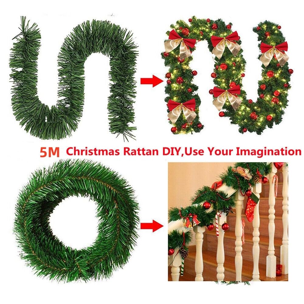 Guirnalda de Navidad, guirnalda de pino artificial de 16.4 pies, decoración de vacaciones para interiores y exteriores, chimeneas verdes, decoraciones de fiesta