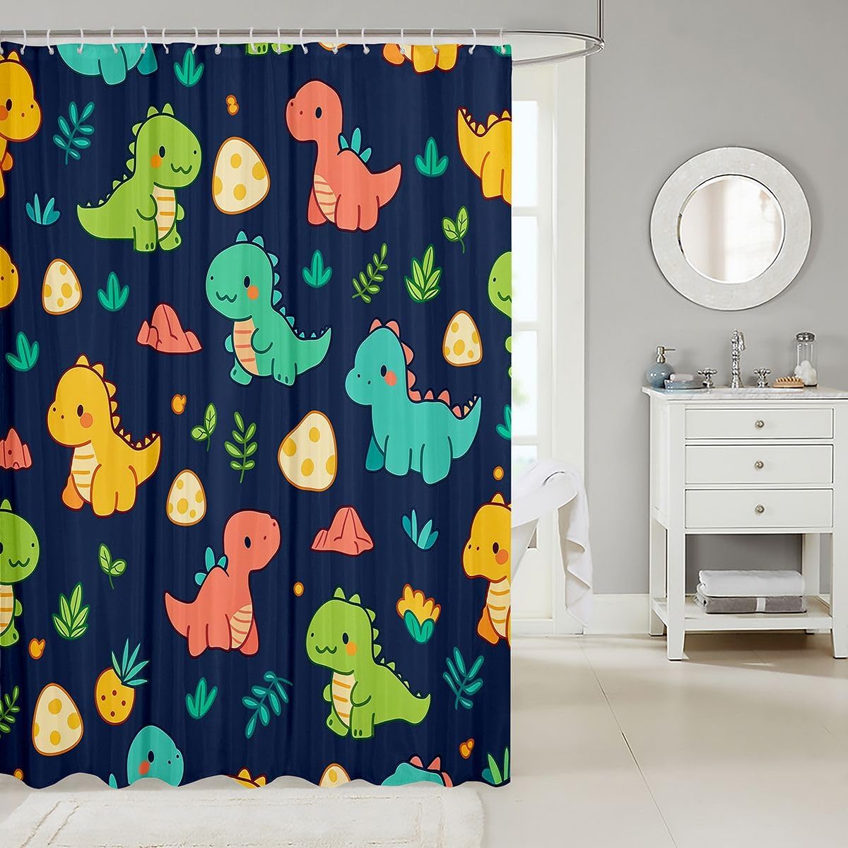 Feelyou Cute Dinosaur Shower Curtain for Bathroom Decor Jungle Animals Bath Curtain Cartoon Dino Bathroom Accessories Waterproof Polyester Fabric for Stalls Bathtubs 72"x78" image 2