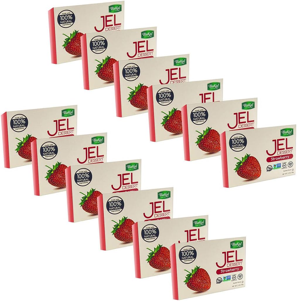 Bakol Jel Dessert - All Natural Vegan Dessert Mix - Kosher - Halal - No Artificial Sweeteners Flavors or Colors - Strawberry Flavor (PACK OF 12)