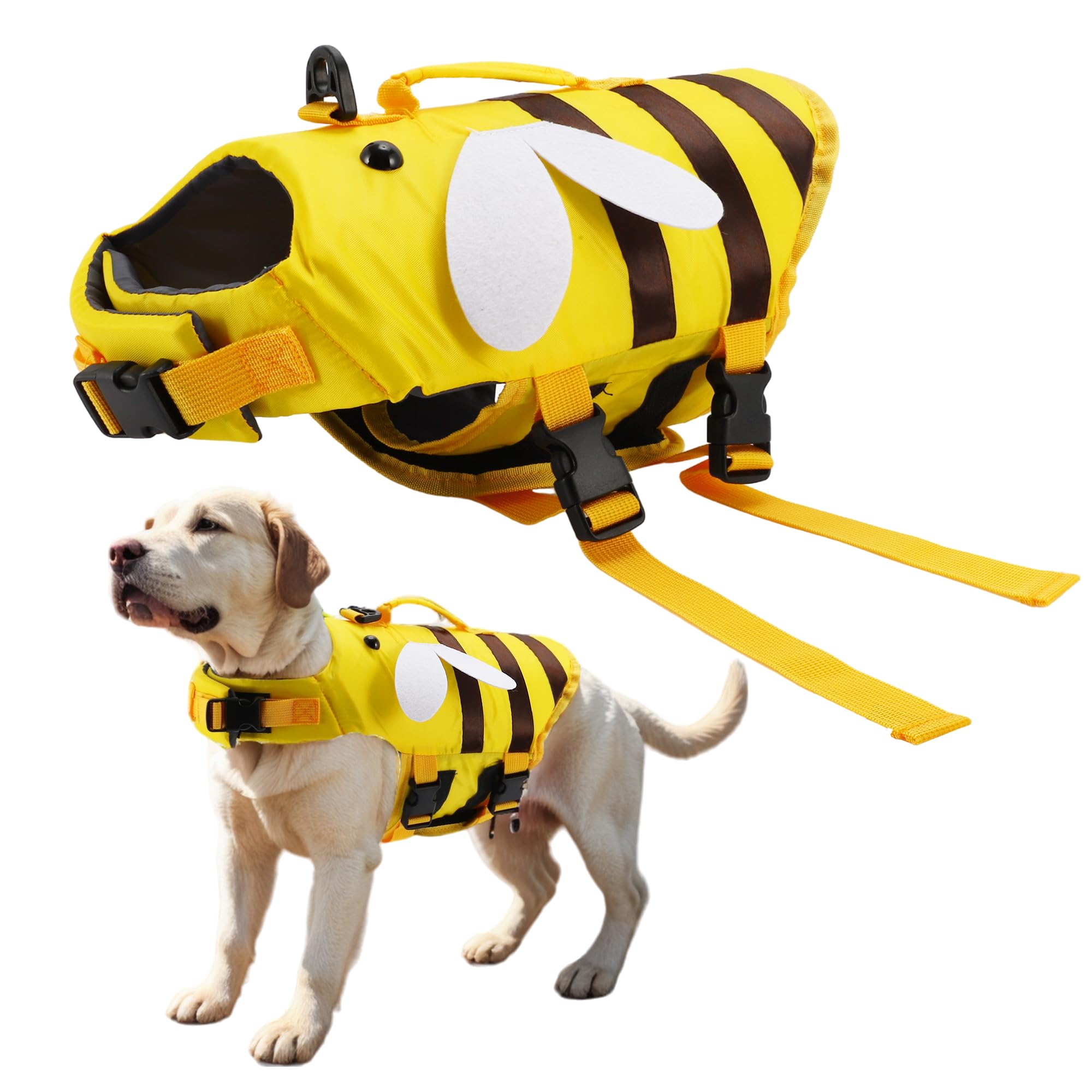 CAPASTEC Adjustable Dog Life Vest, Bee Shape Dog Life Vest for Swimming Boating, Dog Life Vest with Rescue Handle and Buckle, M, Yellow