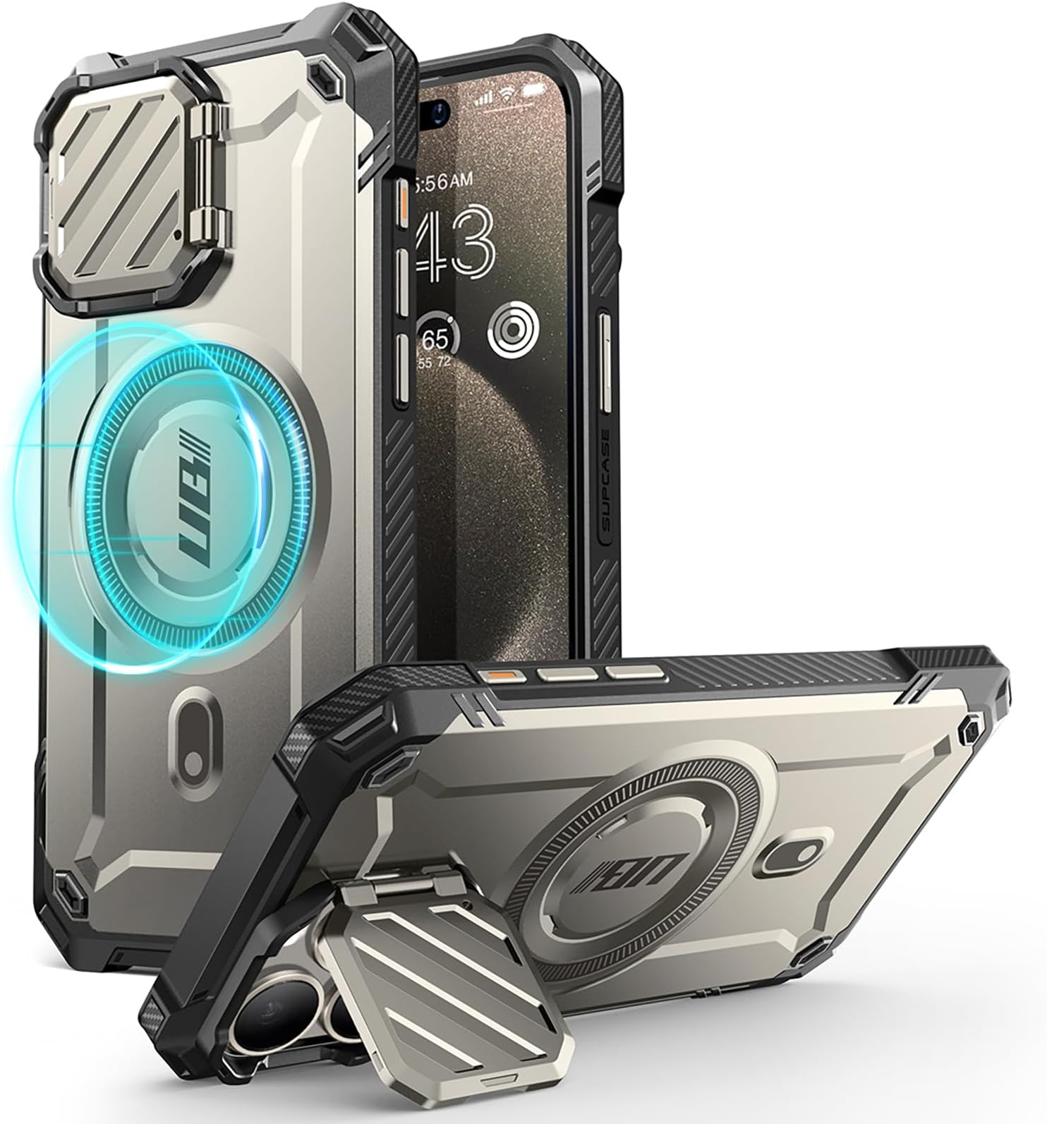 SUPCASE UB Mag XT for iPhone 15 Pro Max Case with Camera Cover, [Compatible with MagSafe] Full Body Rugged Case with Built-in Kickstand - TiGray