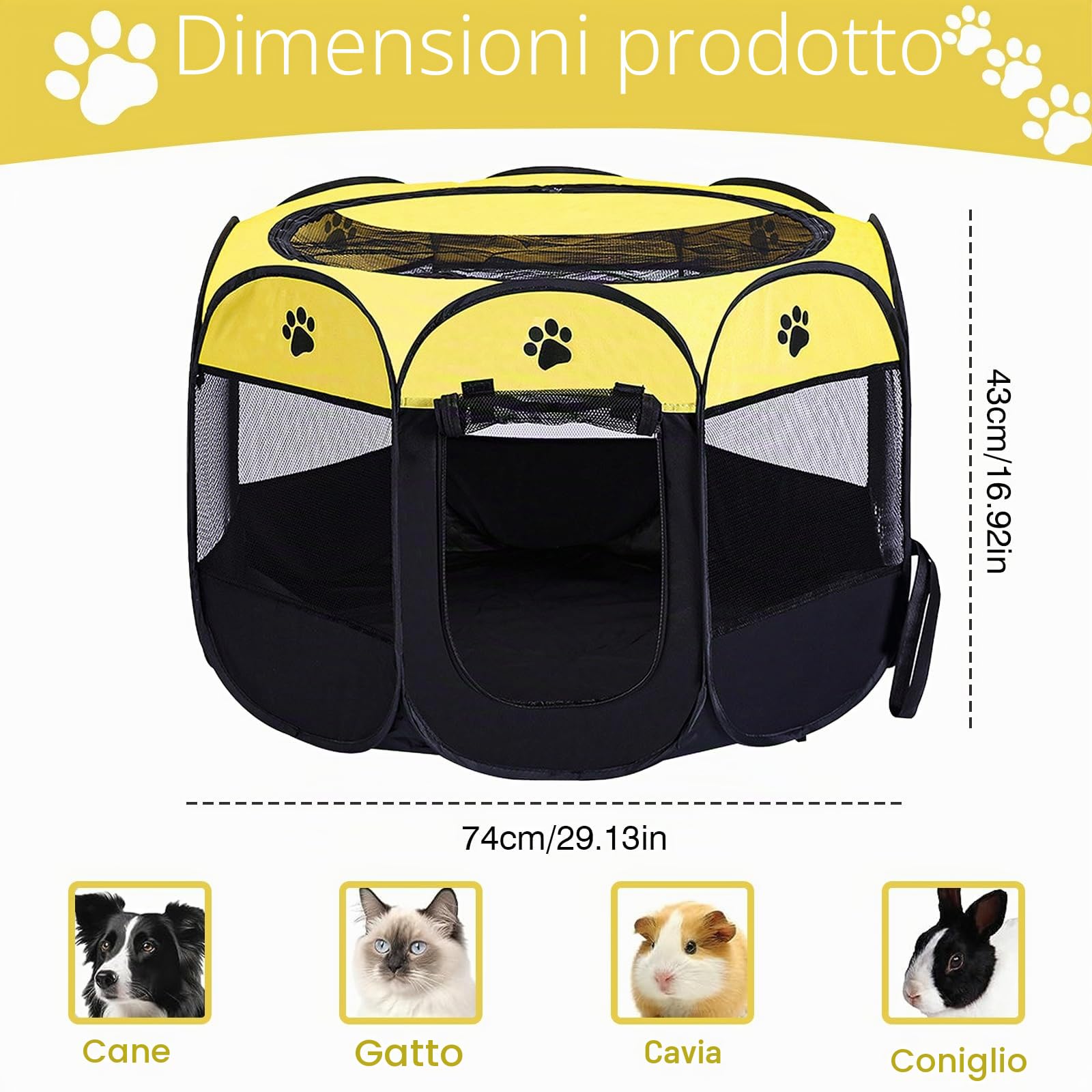 Recinzione per cuccioli, pieghevole, 74 x 74 x 43 cm, portatile, per piccoli animali, per interni ed esterni, per cani, gatti, coniglietti (giallo)