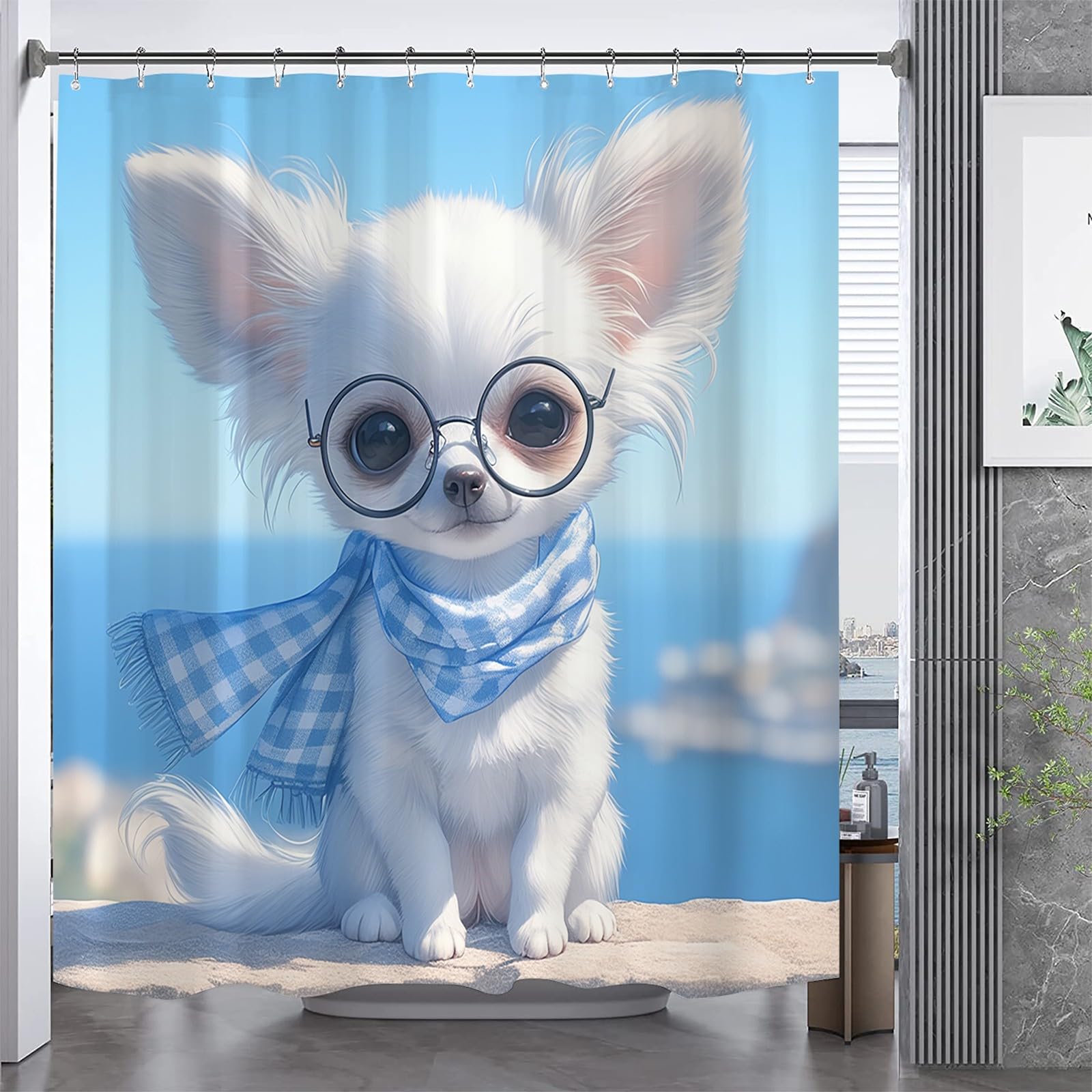 Rideau de douche chiot mignon imperméable en polyester lavable pour baignoire salle de bain