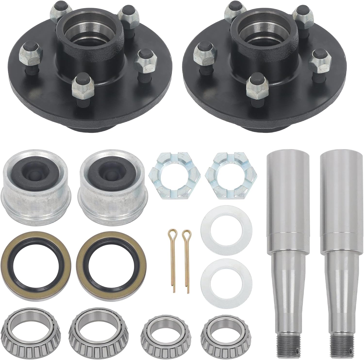 2 Sets 5 on 4-1/2 Inch Trailer Hub and Round #84 Spindle with Trailer Bearing Kit for 3500 lbs