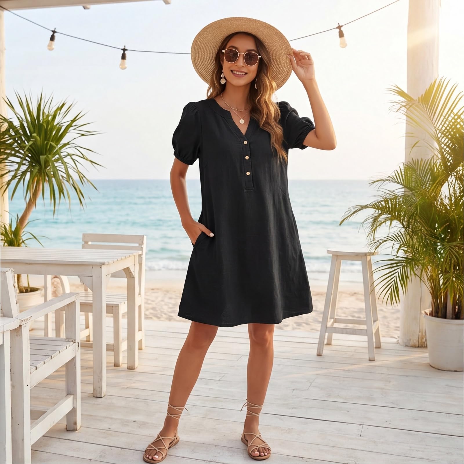 Robe midi Ample Femme col en V Demi-boutonnée Manches Bouffantes Courtes avec Poche latérale Style décontracté Chic pour Les Vacances
