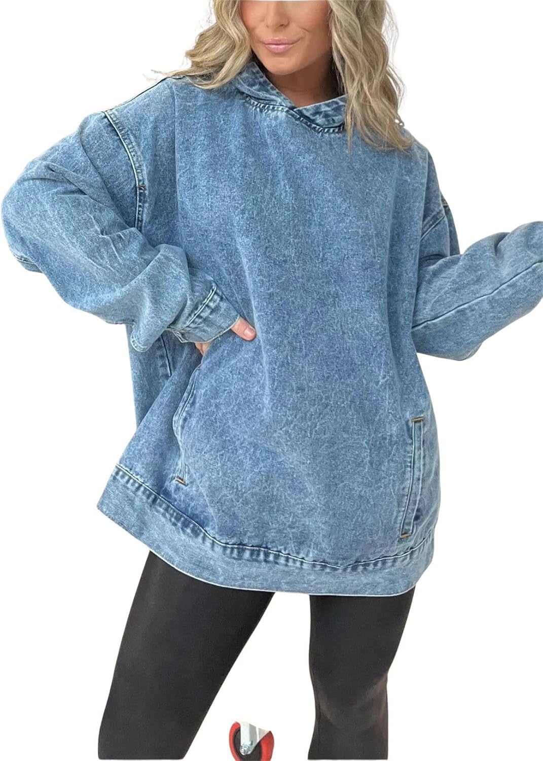 ebossy Women's Spring Fall Boyfriend Denim Hoodies Casual Loose Long Sleeve Jean Sweatshirts with Pockets