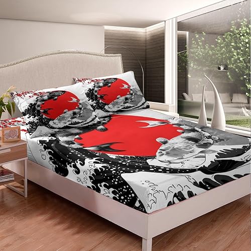 Miniatura 3 de Juego de sábanas estilo japonés Mount Fuji con diseño de peces koi, tema Ukiyo-E, sábana ajustable con pintura de tinta roja de cerezo de montaña y