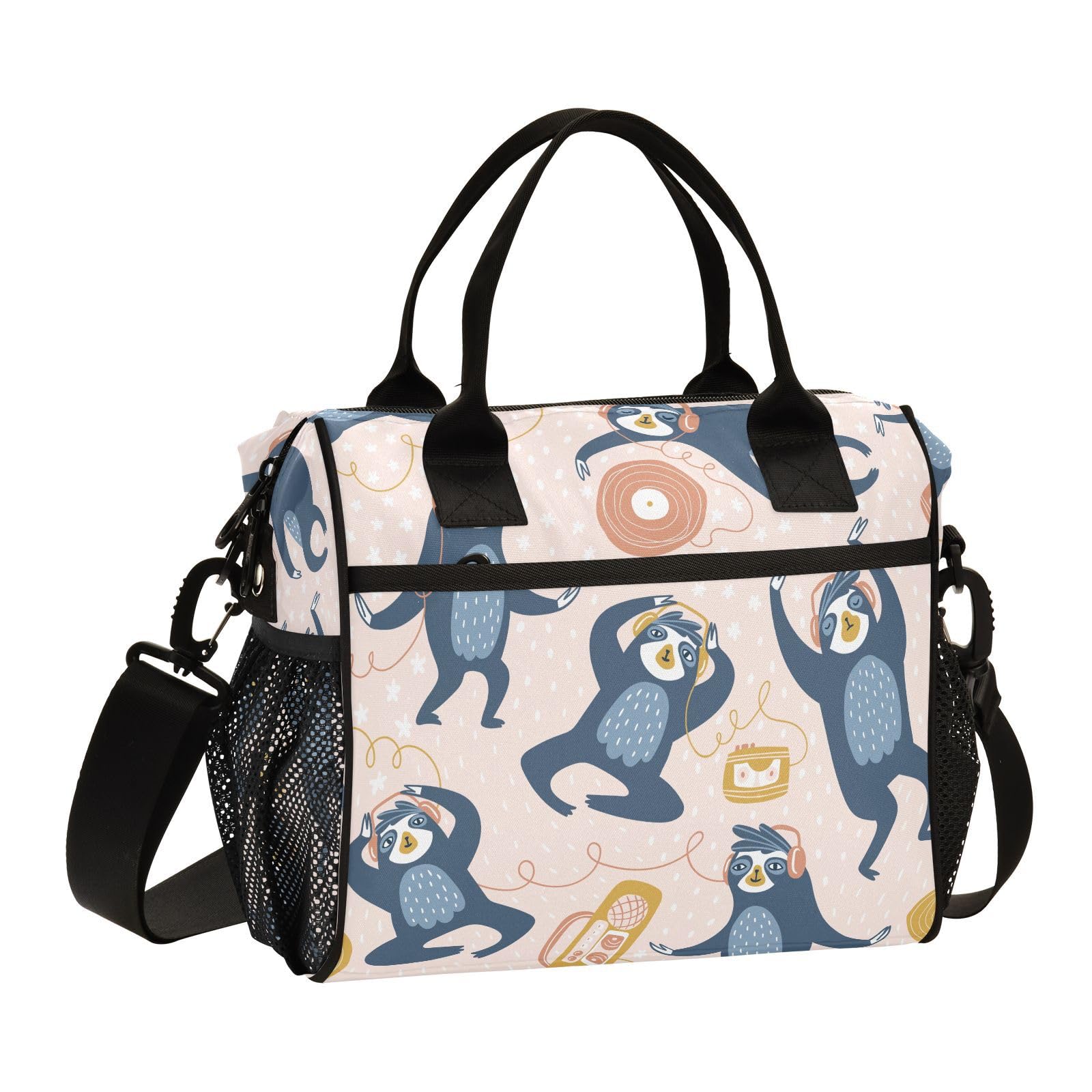 Animal Sloth Music Lunch Bag Box for Travel Picnic Hiking, Sloths Insulated Cooler Tote Food Container Bags with Adjustable Shoulder Strap for Women Men Adults
