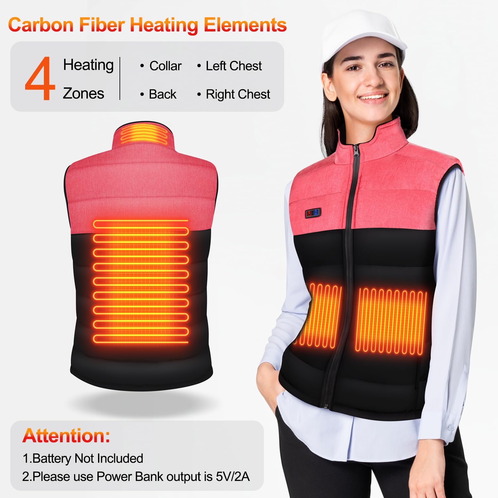 Tonfarb Gilet Riscaldato Donna, Gilet Riscaldante Donna con 4 Zone Riscaldamento, 3 Livelli Temperatura, Elettrico Giubbotto Riscaldato per Attività All'aperto, Pesca, Sci (Batteria Non Inclusa)